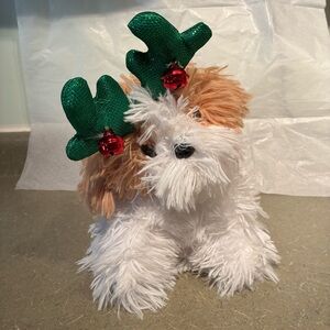 Festive Plush Dog with Green Antlers Dances and Spins to Jingle Bells